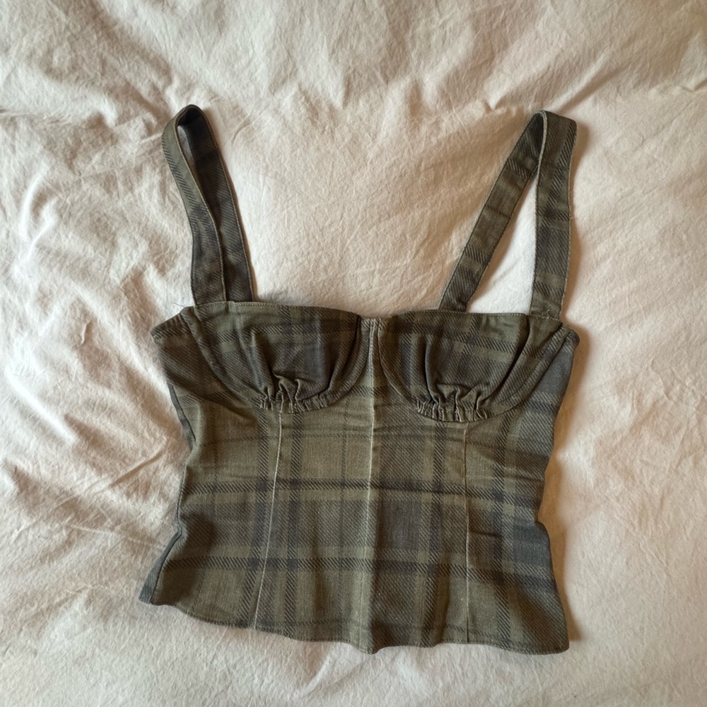 WeWoreWhat Olive Plaid Bustier Cami